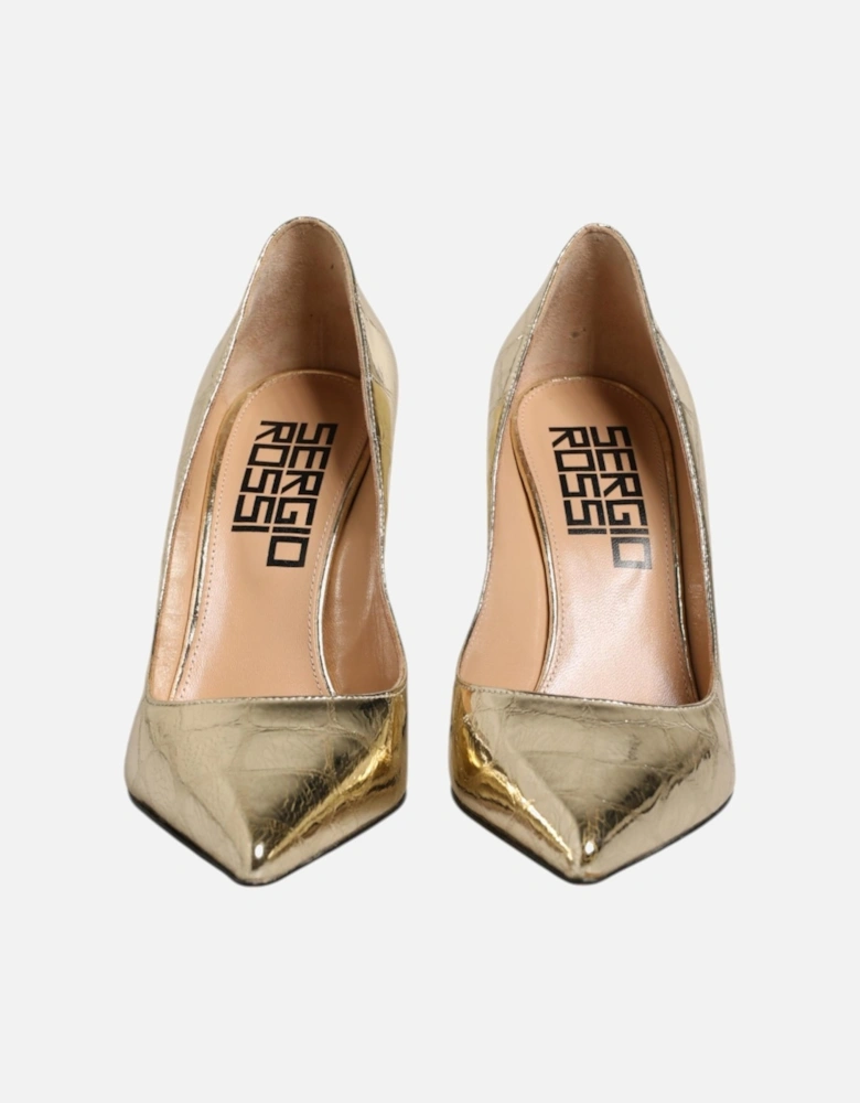 Leather Heeled Shoes with Logo Details Women - Gold Pumps