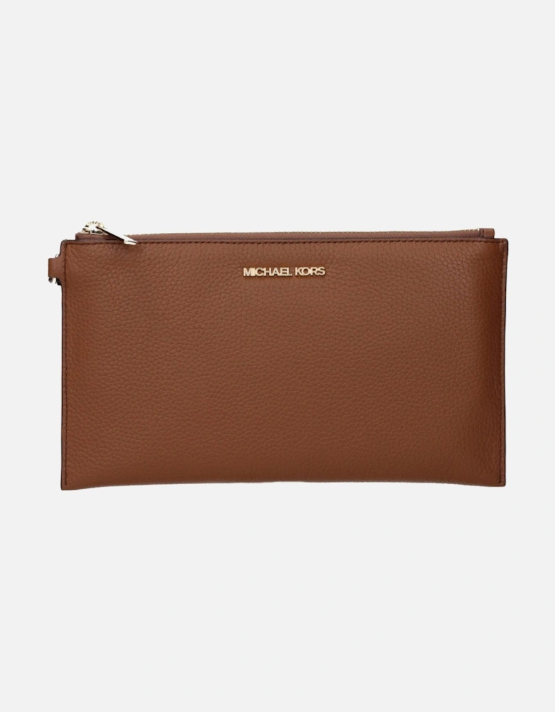 Leather Clutch with Front Logo and Zip Closure Women - Brown Clutch