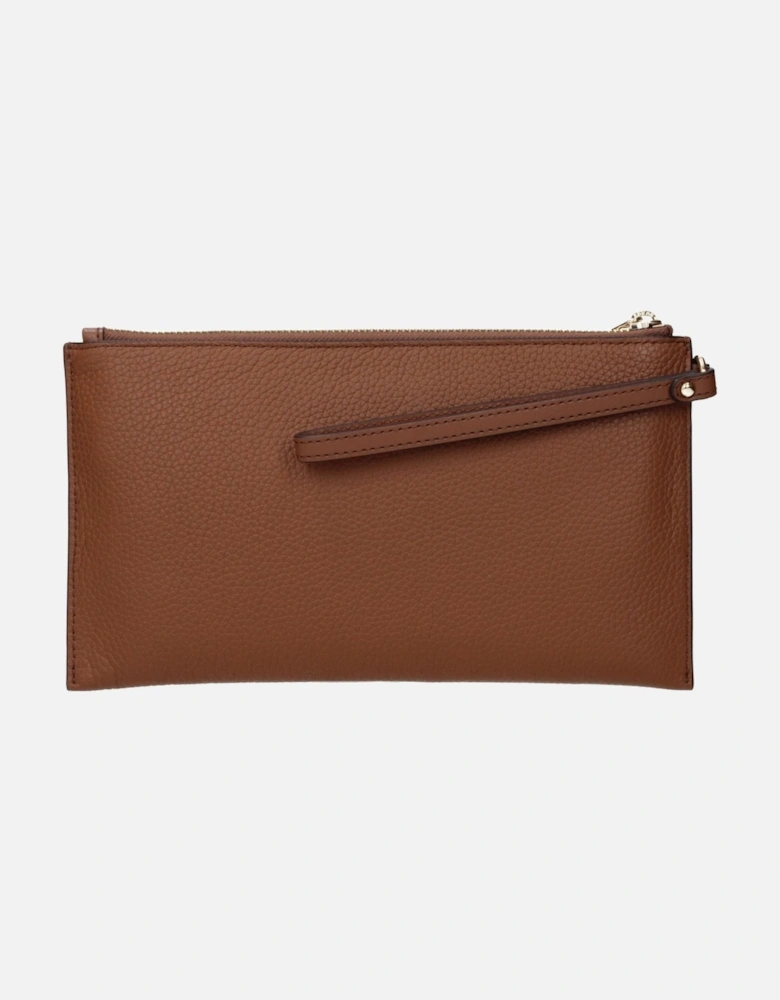 Leather Clutch with Front Logo and Zip Closure Women - Brown Clutch