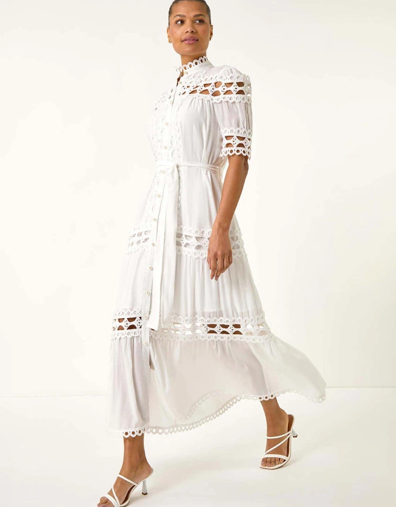Lace Detail Belted Midi Dress - White