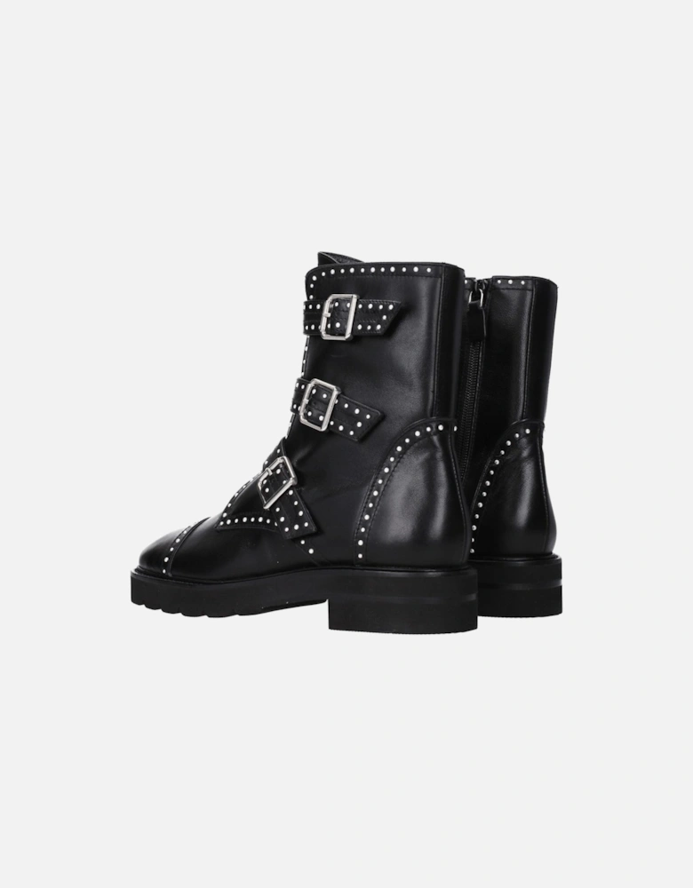 Beaded Leather Ankle Boots with Buckle Closure Women - Black