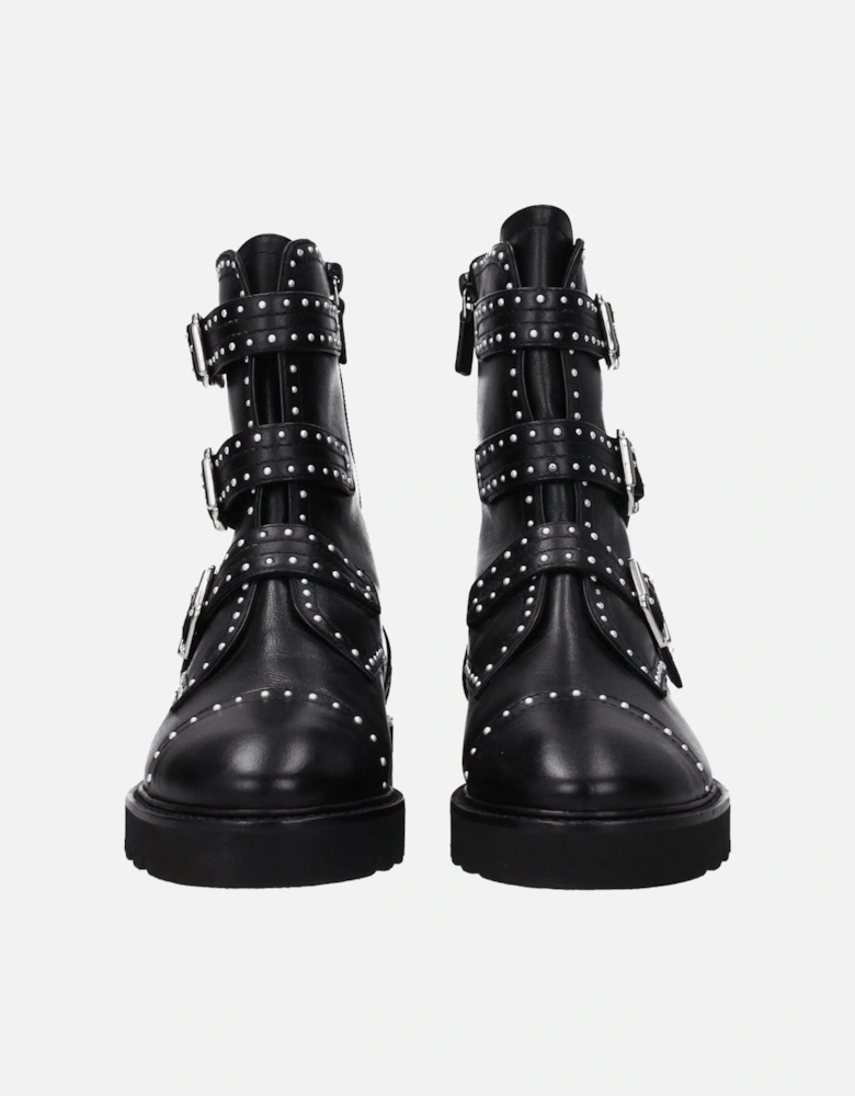 Beaded Leather Ankle Boots with Buckle Closure Women - Black