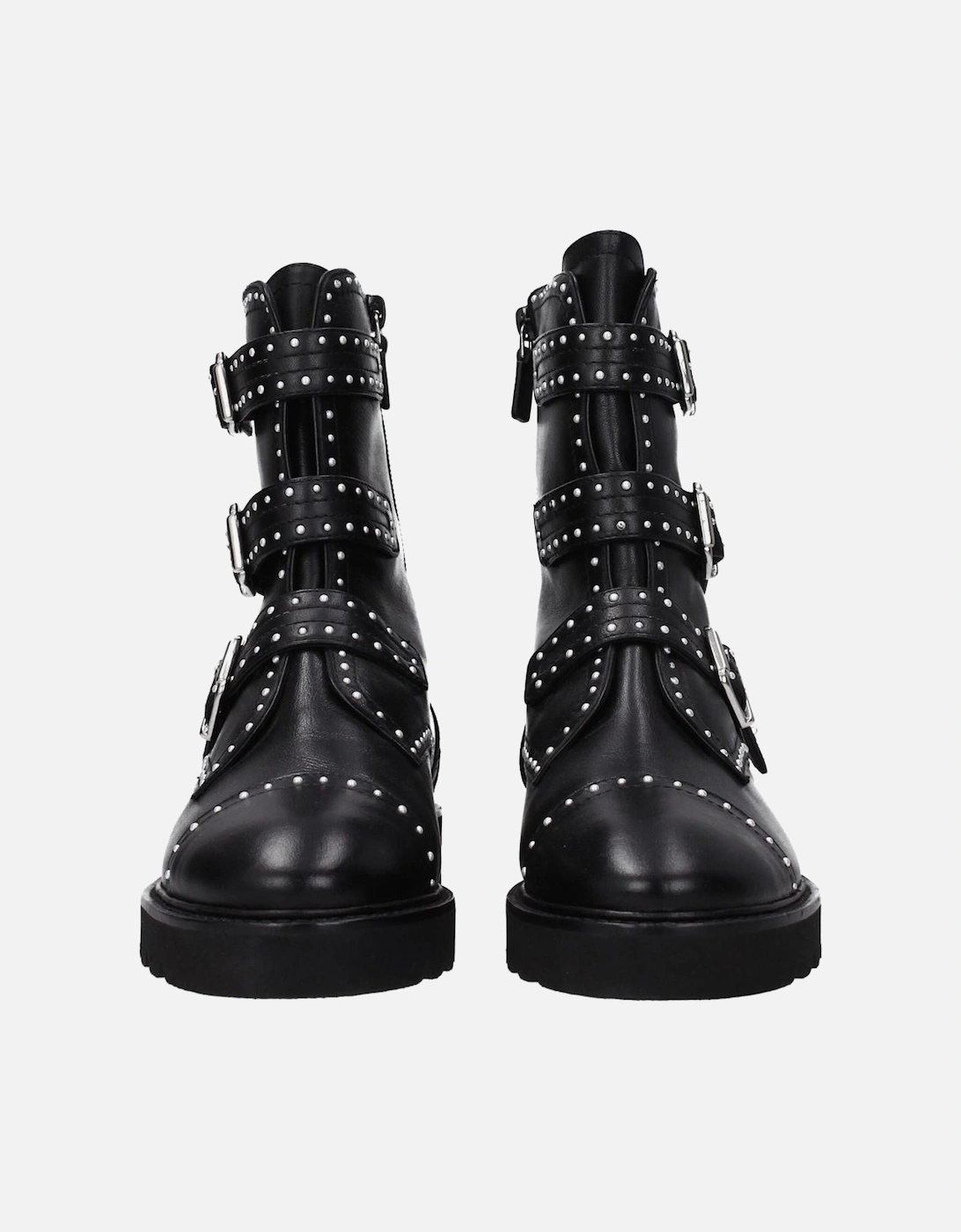 Beaded Leather Ankle Boots with Buckle Closure Women - Black