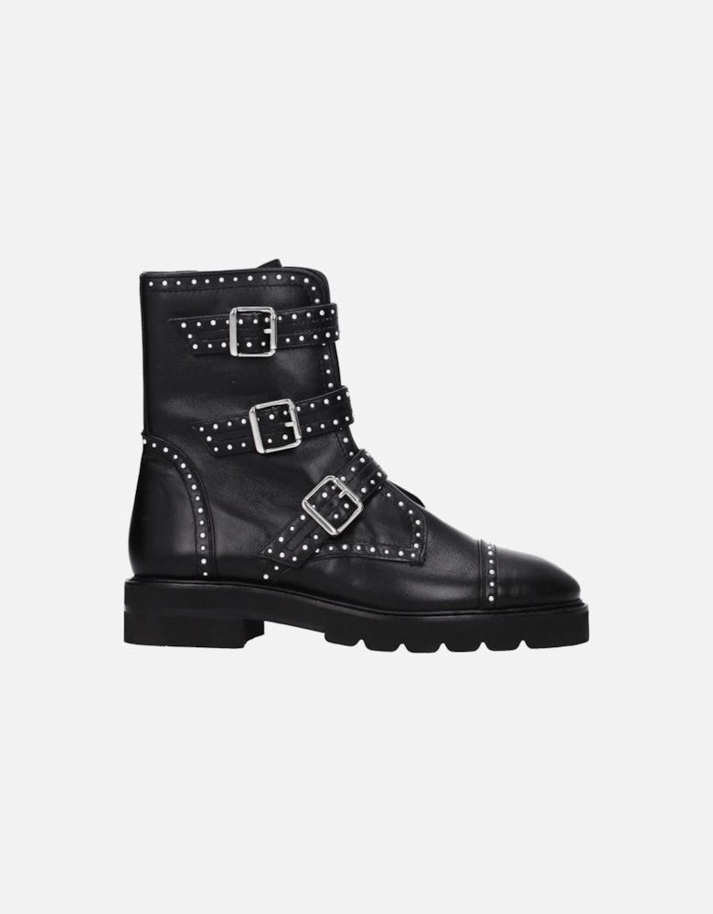 Beaded Leather Ankle Boots with Buckle Closure Women - Black