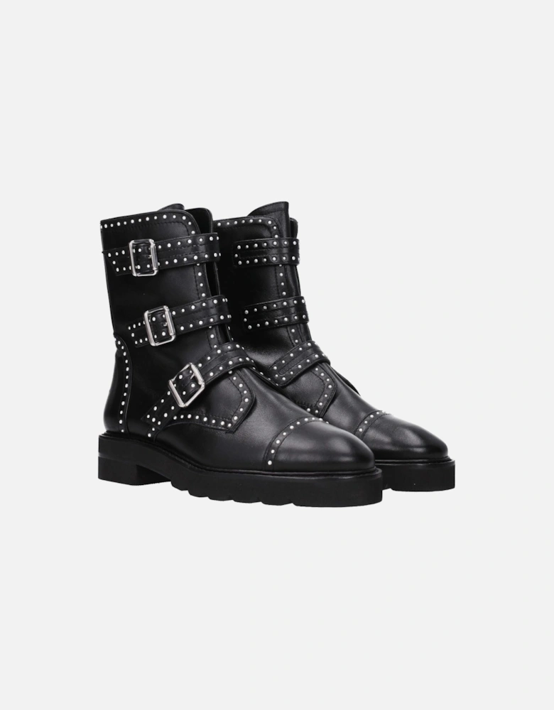 Beaded Leather Ankle Boots with Buckle Closure Women - Black