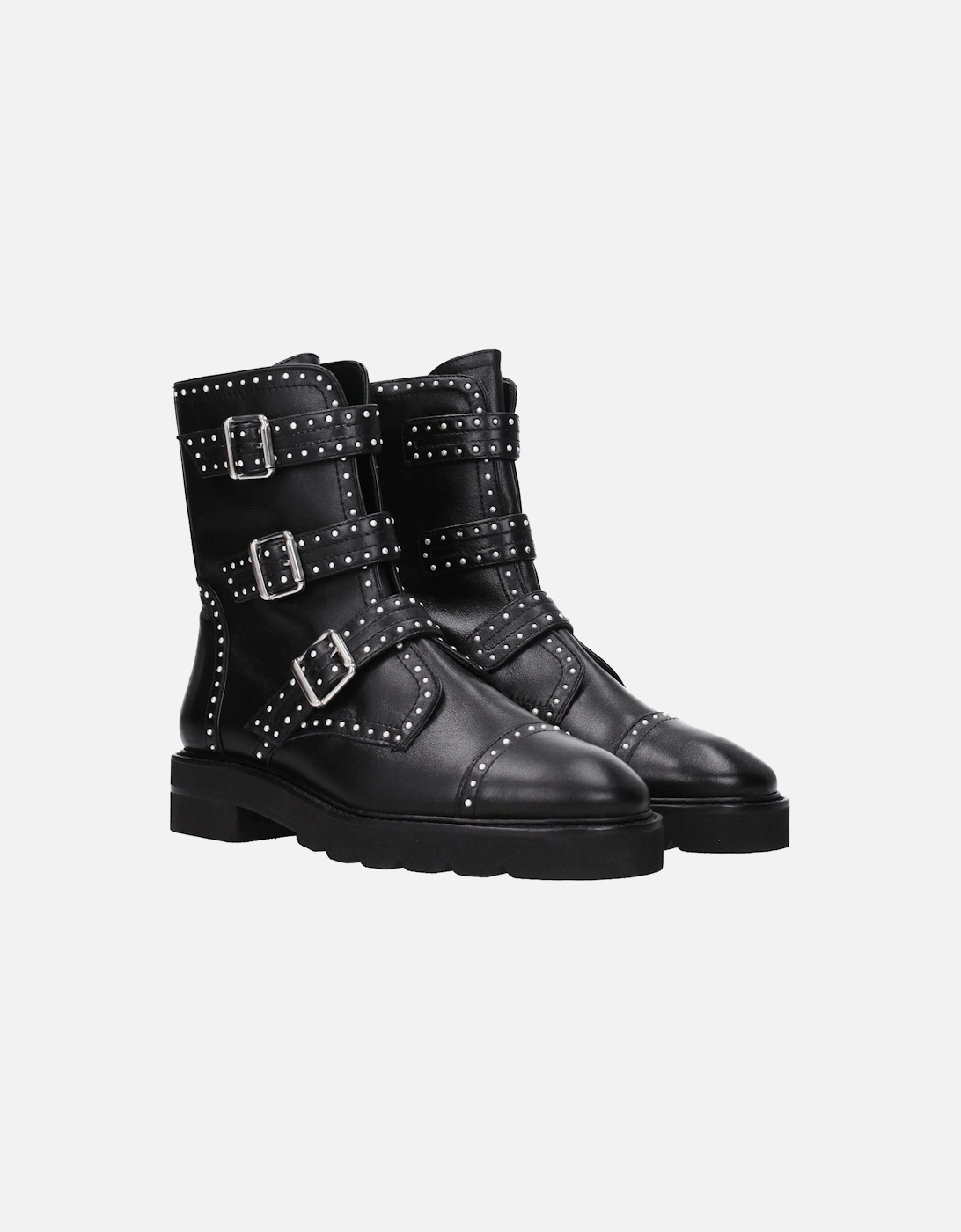 Beaded Leather Ankle Boots with Buckle Closure Women - Black