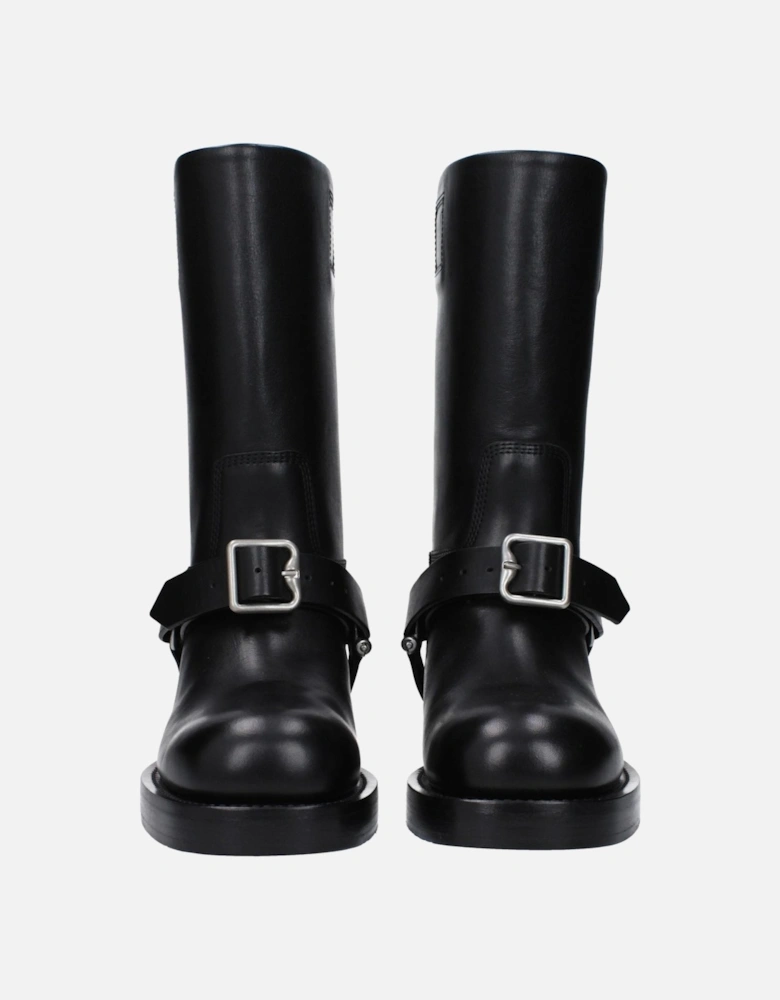 Leather Mid Heel Buckle Closure Boots Women - Black