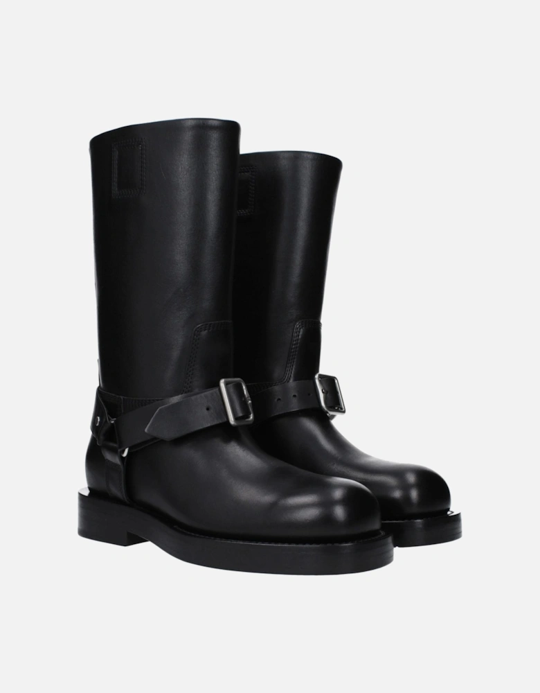 Leather Mid Heel Buckle Closure Boots Women - Black