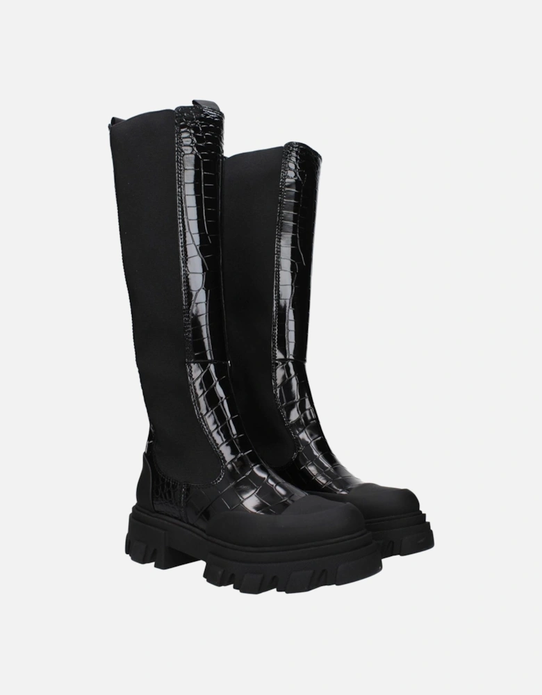 Leather Mid Heel Boots with Back Logo Women - Black