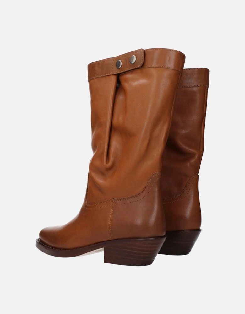 Vintage Effect Leather Ankle Boots with Mid Heels Women - Brown