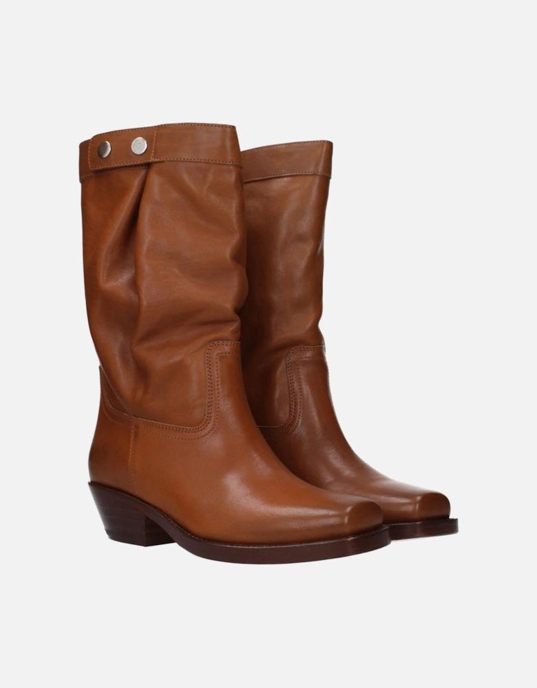 Vintage Effect Leather Ankle Boots with Mid Heels Women - Brown