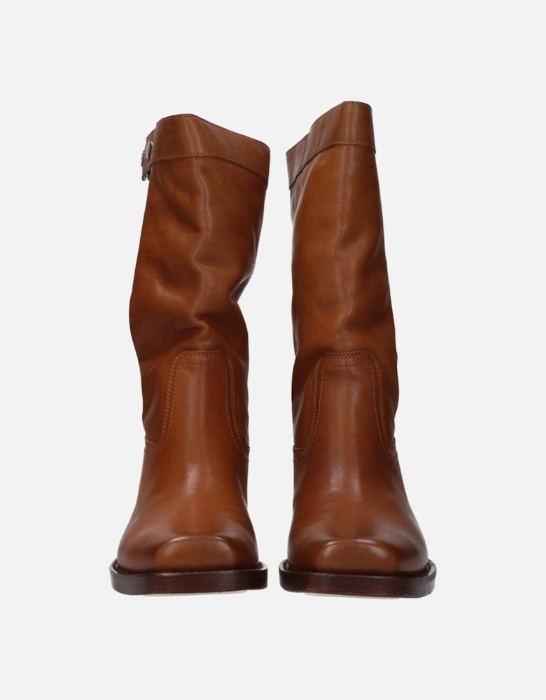 Vintage Effect Leather Ankle Boots with Mid Heels Women - Brown