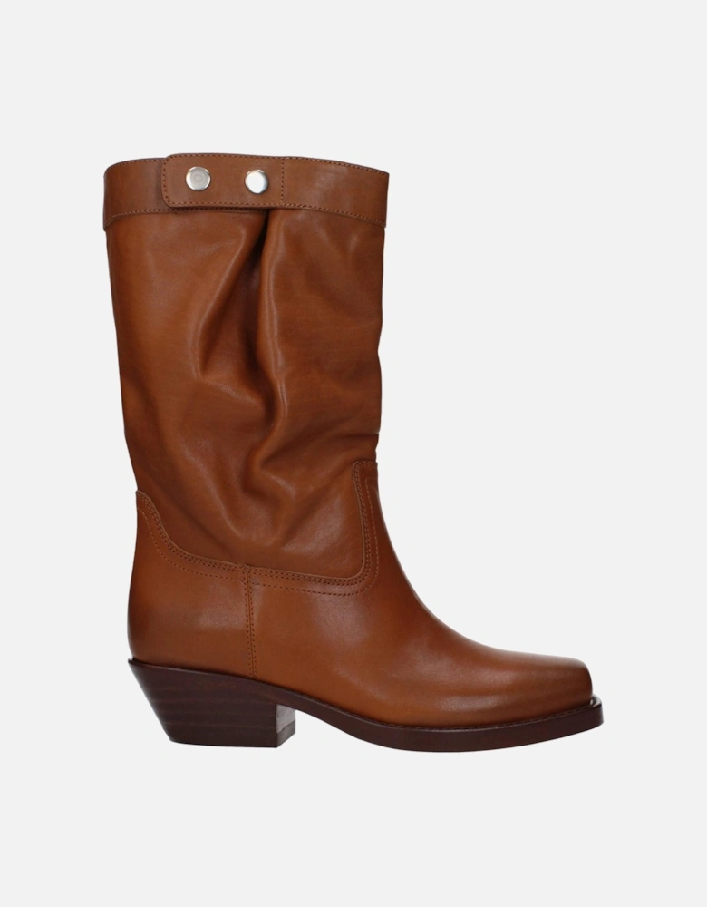 Vintage Effect Leather Ankle Boots with Mid Heels Women - Brown