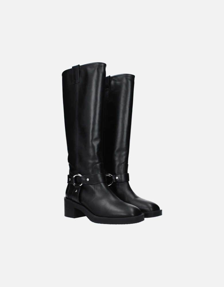 Round Toe Leather Mid Heel Boots Women - Black
