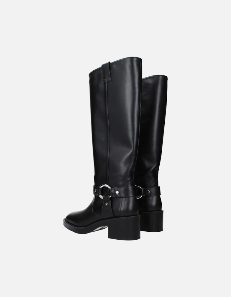 Round Toe Leather Mid Heel Boots Women - Black