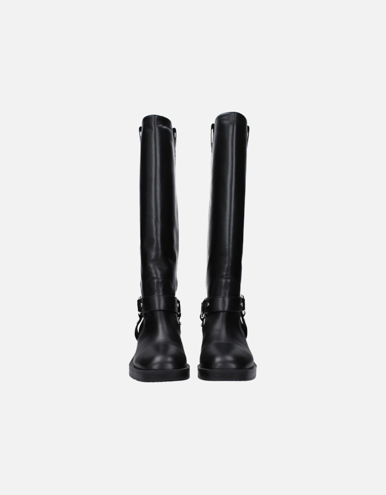 Round Toe Leather Mid Heel Boots Women - Black