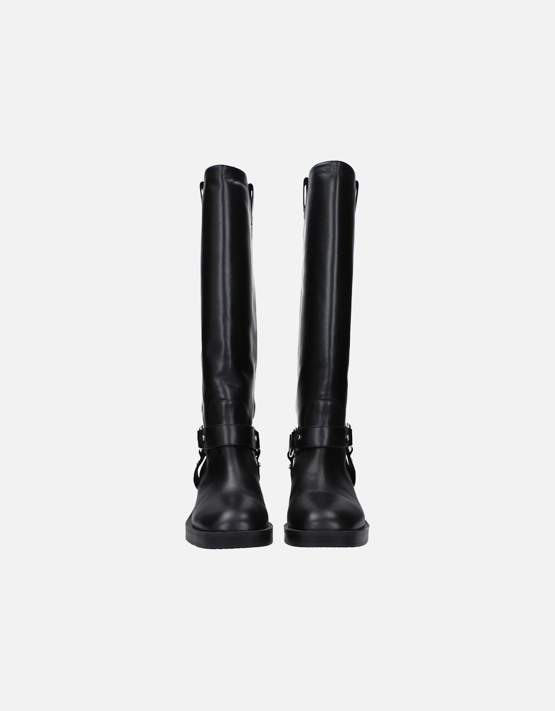 Round Toe Leather Mid Heel Boots Women - Black