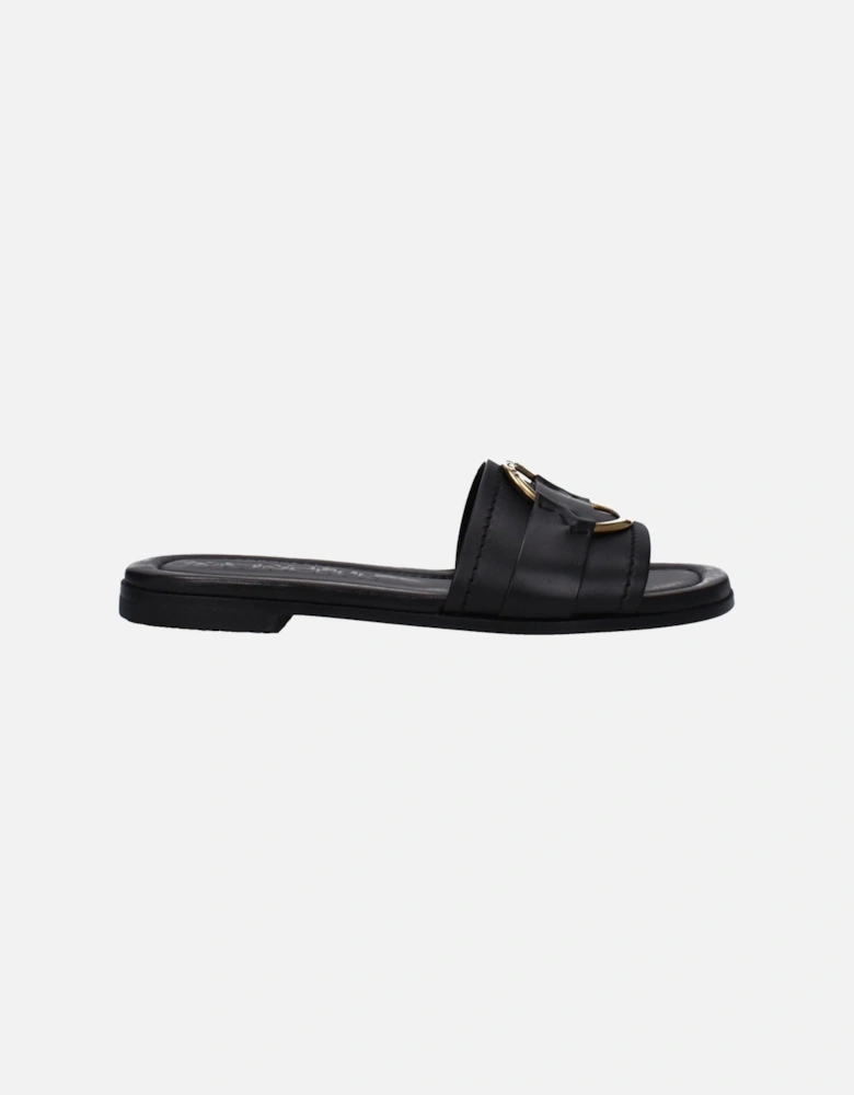 Front Logo Leather Slippers and Clogs Women - Black Sandals