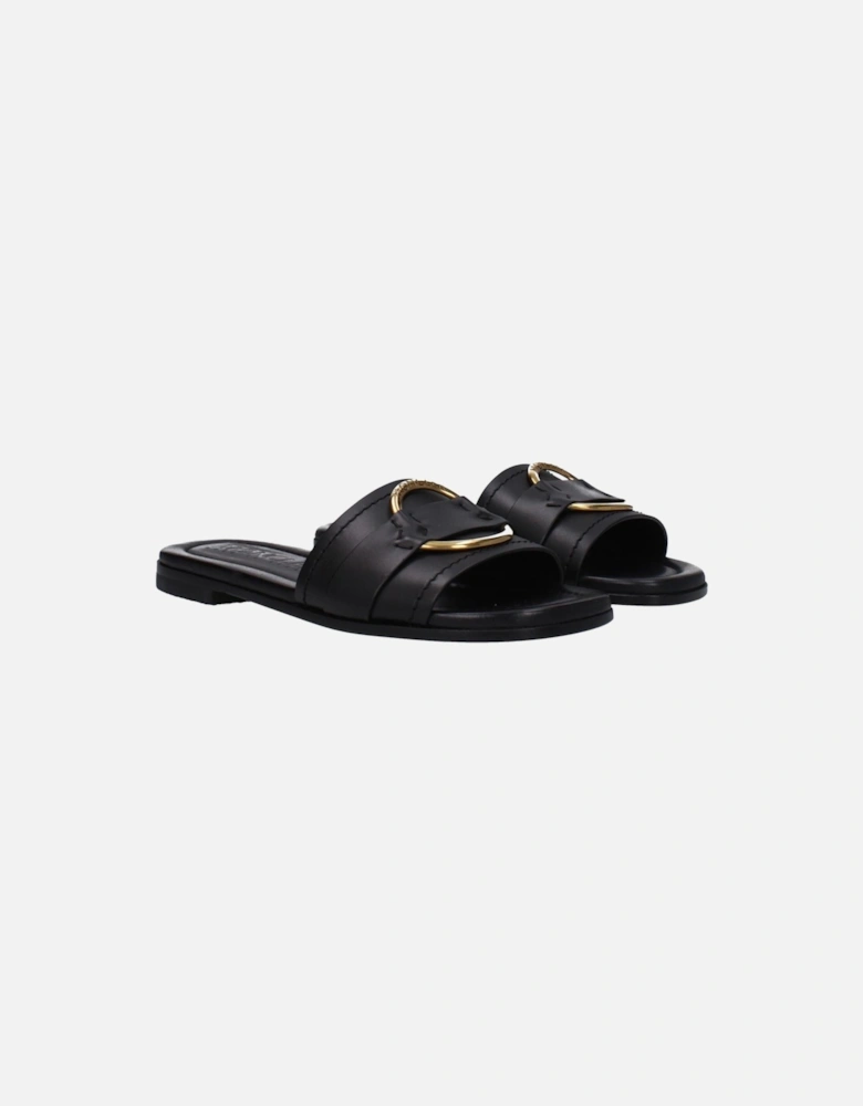 Front Logo Leather Slippers and Clogs Women - Black Sandals