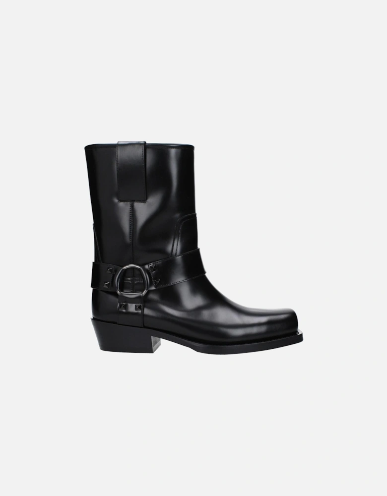 Studded Leather Ankle Boots with Mid Heels Women - Black