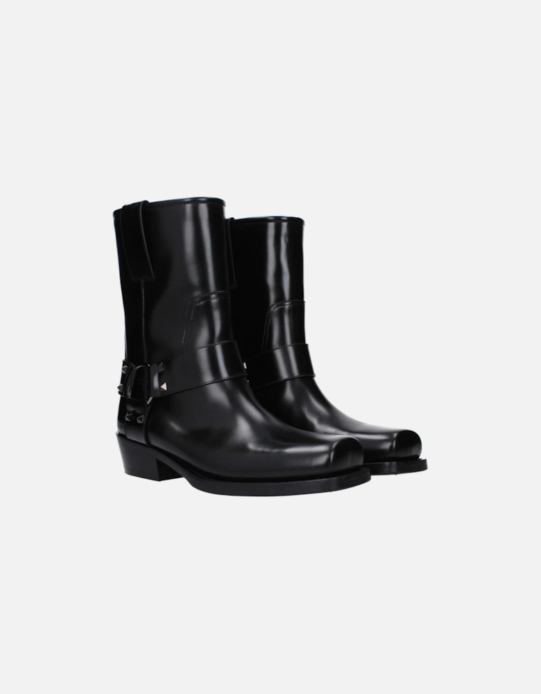 Studded Leather Ankle Boots with Mid Heels Women - Black