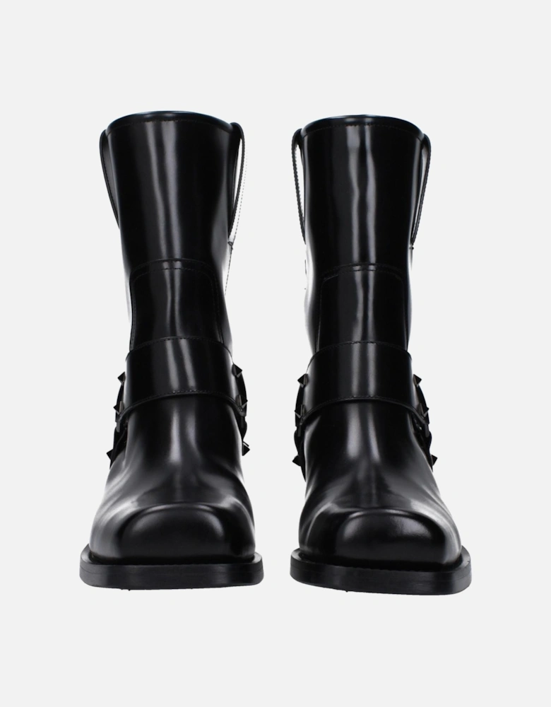 Studded Leather Ankle Boots with Mid Heels Women - Black