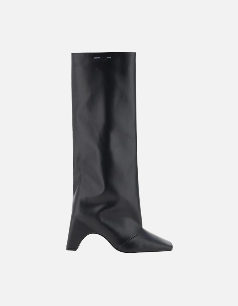 Leather Bridge High Boots with Geometric Heel Women - Black