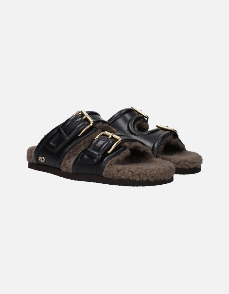 Leather Slippers with Buckle Closure Women - Black Sandals
