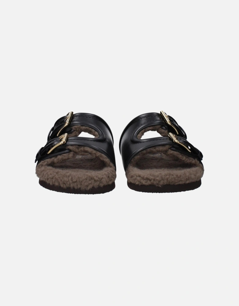 Leather Slippers with Buckle Closure Women - Black Sandals