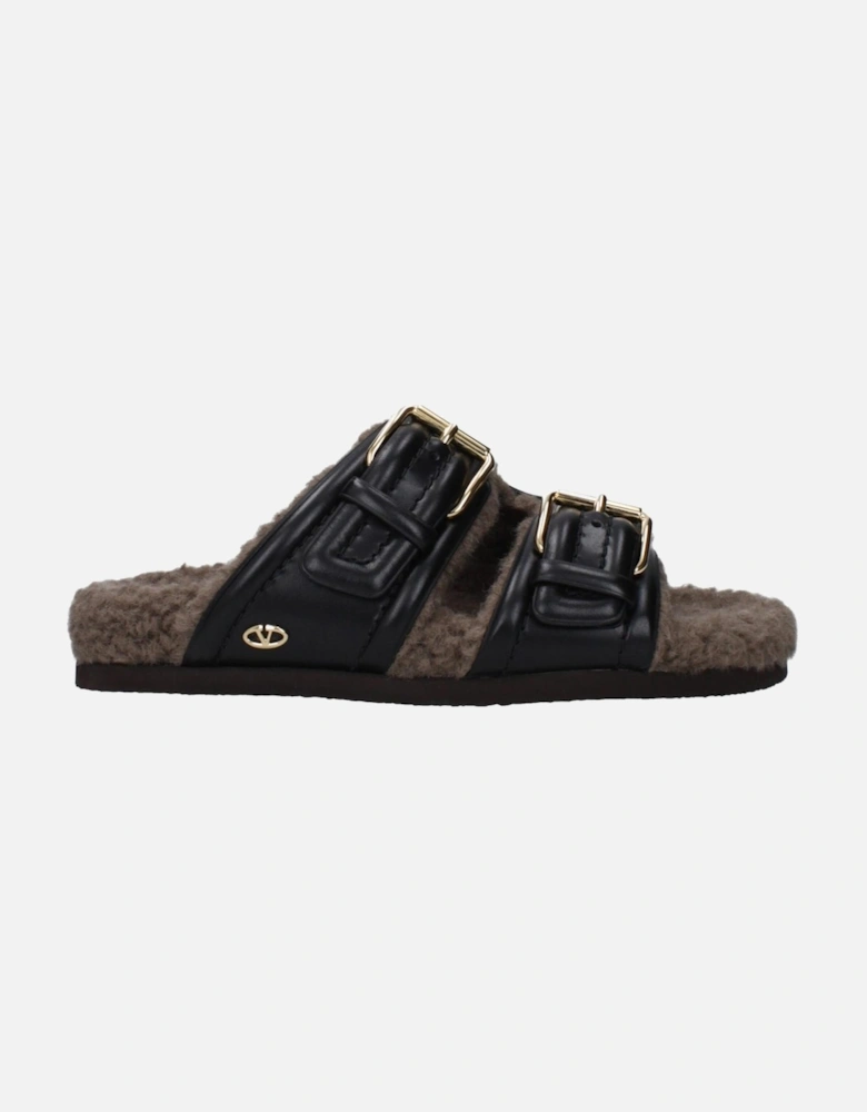 Leather Slippers with Buckle Closure Women - Black Sandals