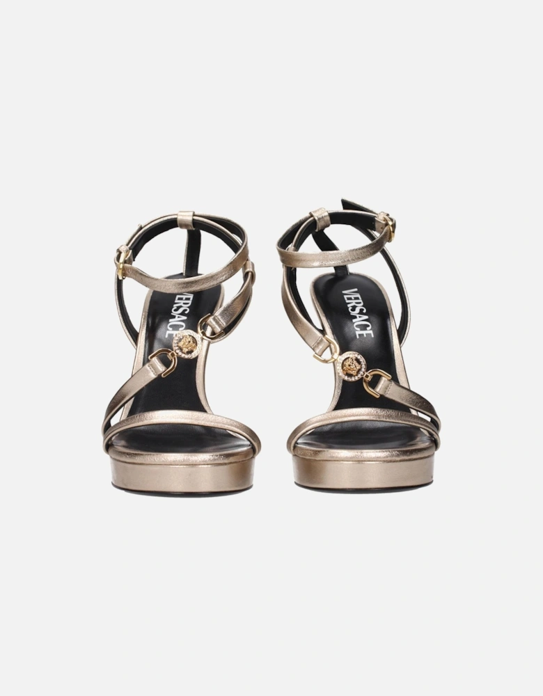 Gold Leather High Heel Sandals with Front Logo Women