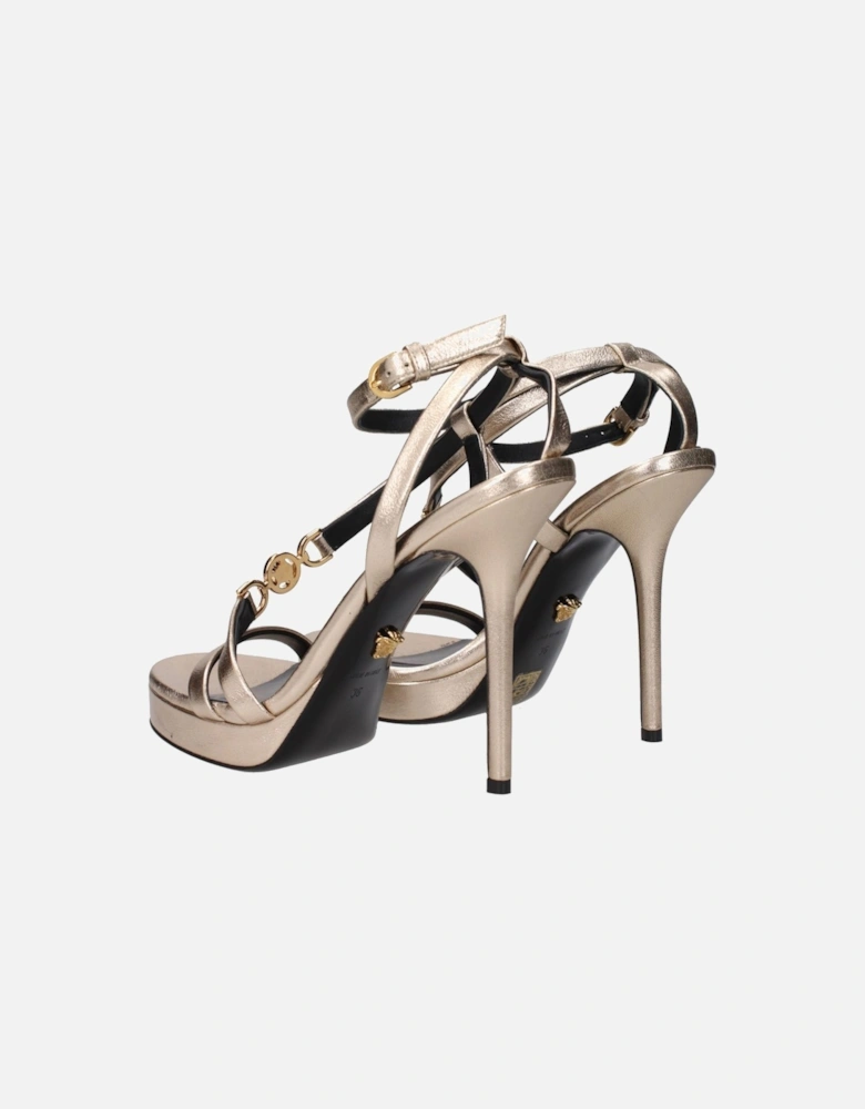Gold Leather High Heel Sandals with Front Logo Women