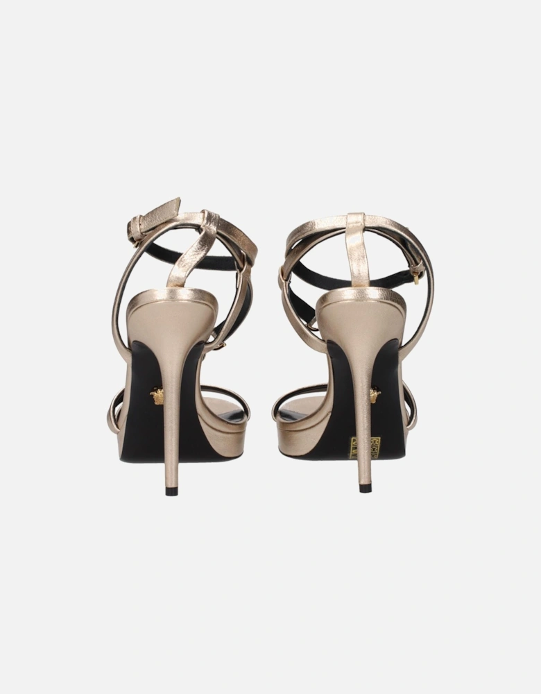Gold Leather High Heel Sandals with Front Logo Women