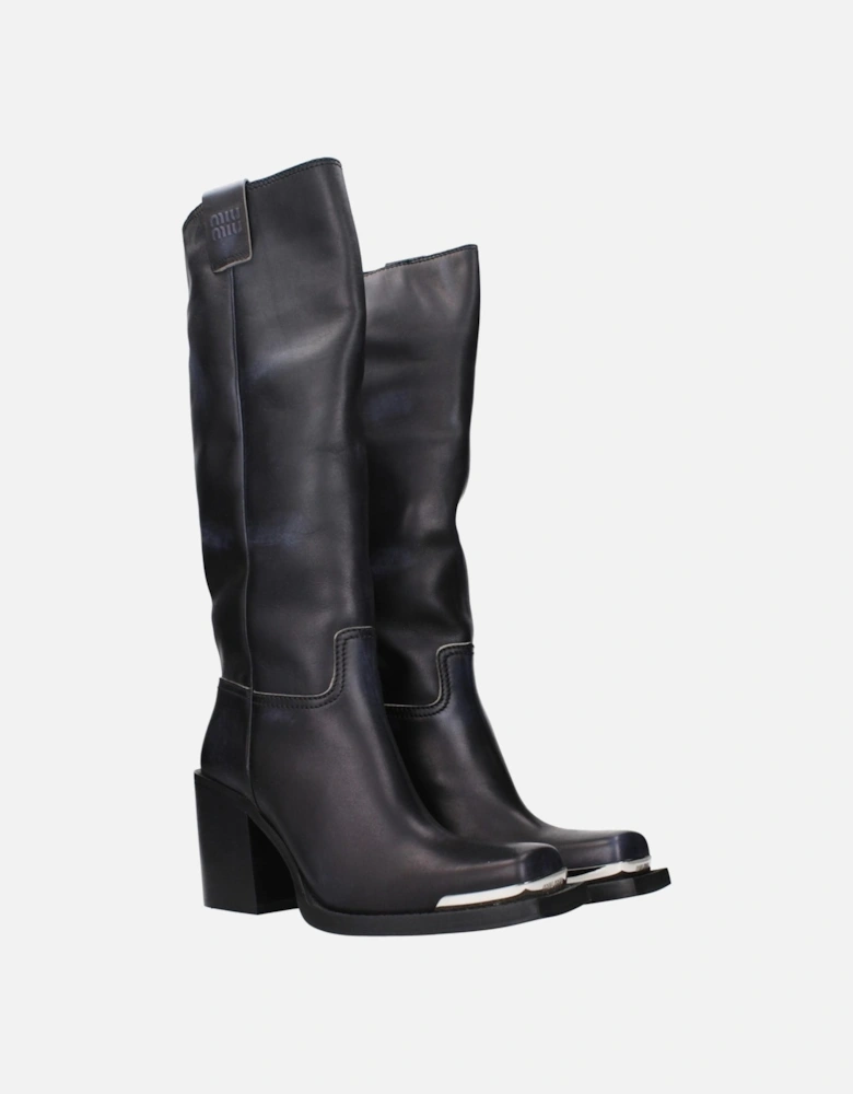 Vintage Effect Leather Boots with Side Logo Women - Black