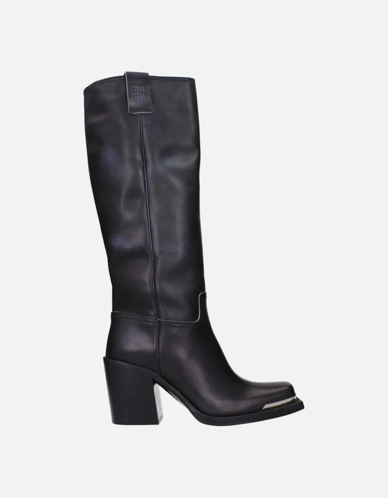 Vintage Effect Leather Boots with Side Logo Women - Black