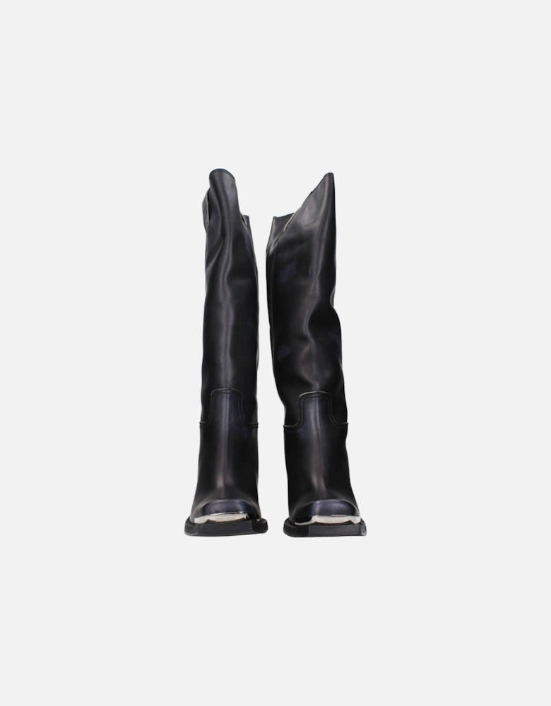 Vintage Effect Leather Boots with Side Logo Women - Black