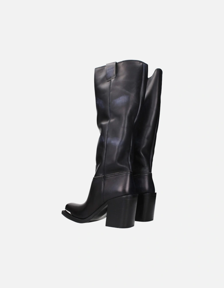 Vintage Effect Leather Boots with Side Logo Women - Black