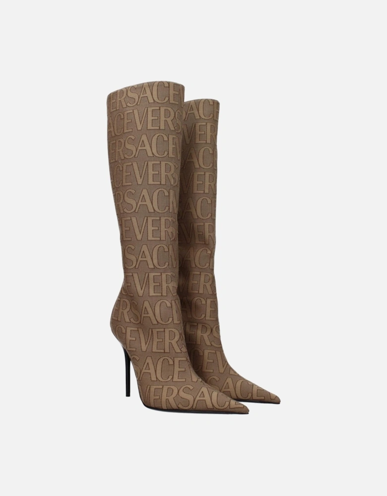 High Heel Pointy Toe Fabric Boots with Zip Closure Women - Beige