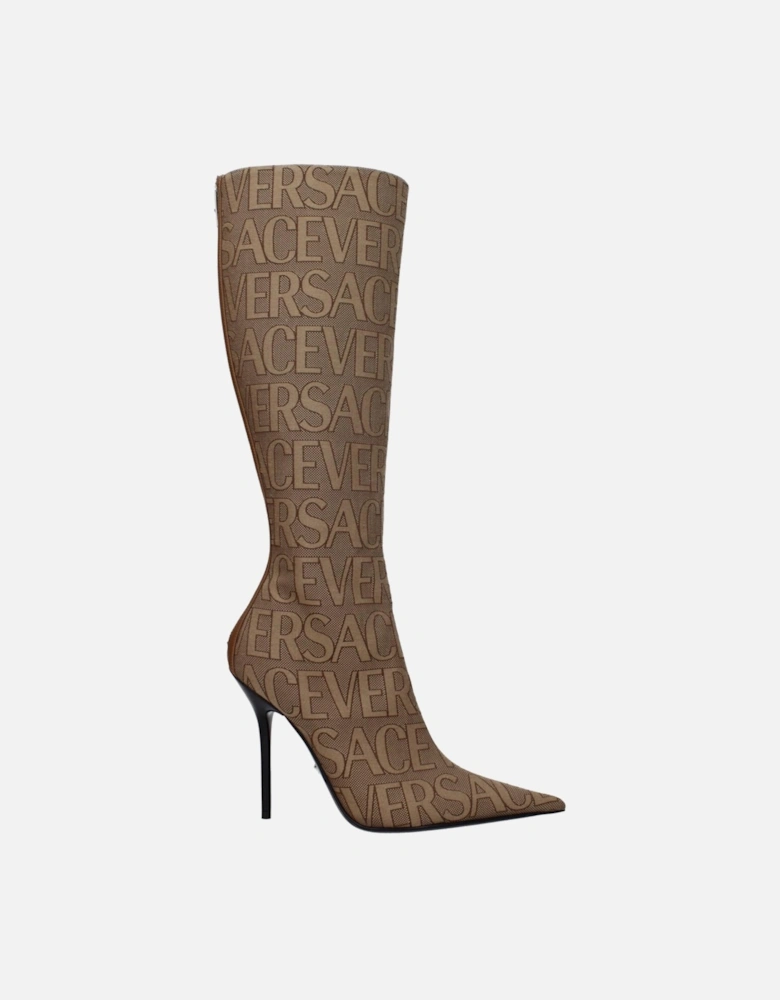 High Heel Pointy Toe Fabric Boots with Zip Closure Women - Beige
