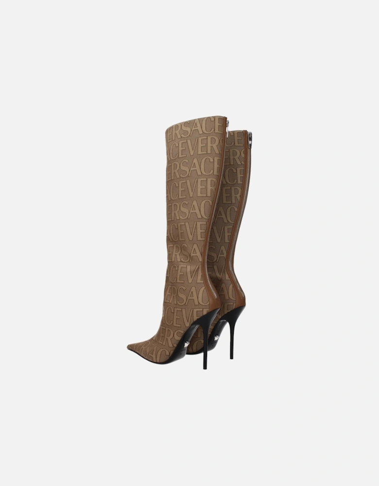 High Heel Pointy Toe Fabric Boots with Zip Closure Women - Beige