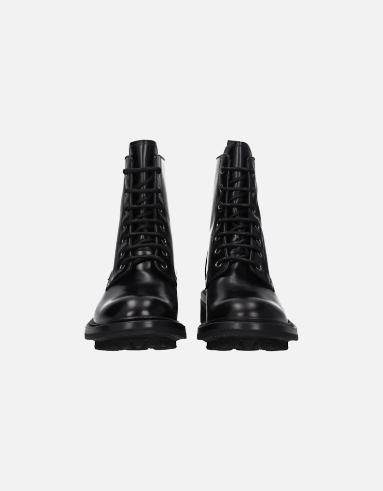 Vintage Effect Leather Ankle Boots with Lace-Up Closure Women - Black