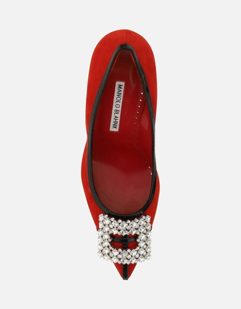 Suede Effect Almond Toe Leather Heels Women - Red Pumps