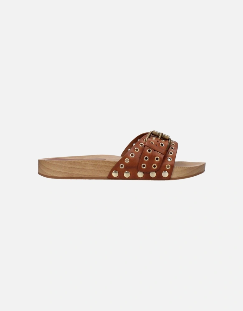 Leather Buckle Closure Slippers and Clogs Women - Brown Sandals
