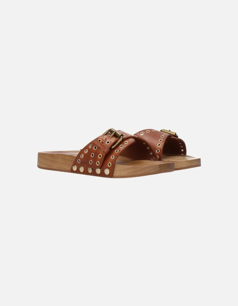 Leather Buckle Closure Slippers and Clogs Women - Brown Sandals
