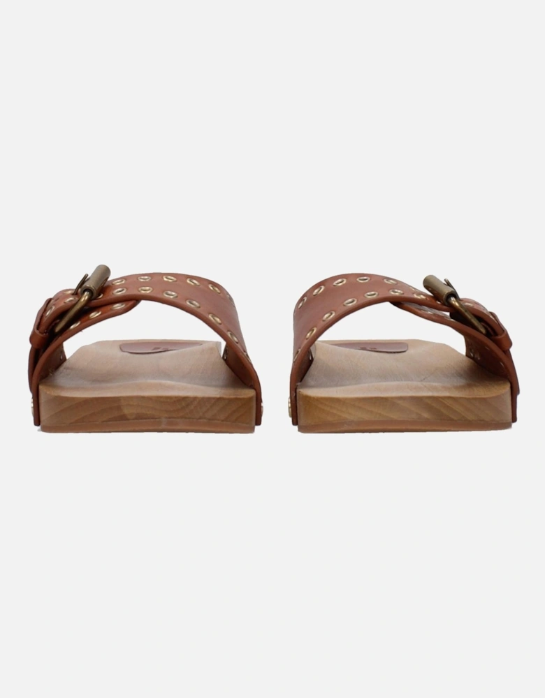 Leather Buckle Closure Slippers and Clogs Women - Brown Sandals
