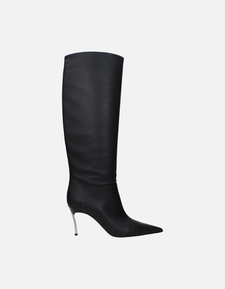 Elegant Pointed Toe Leather High Heel Boots Women - Black