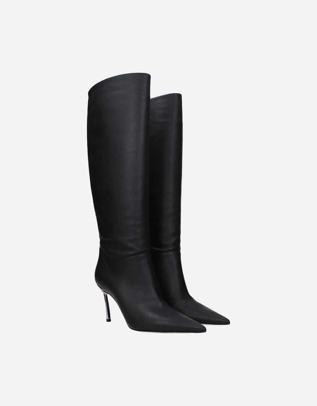 Elegant Pointed Toe Leather High Heel Boots Women - Black