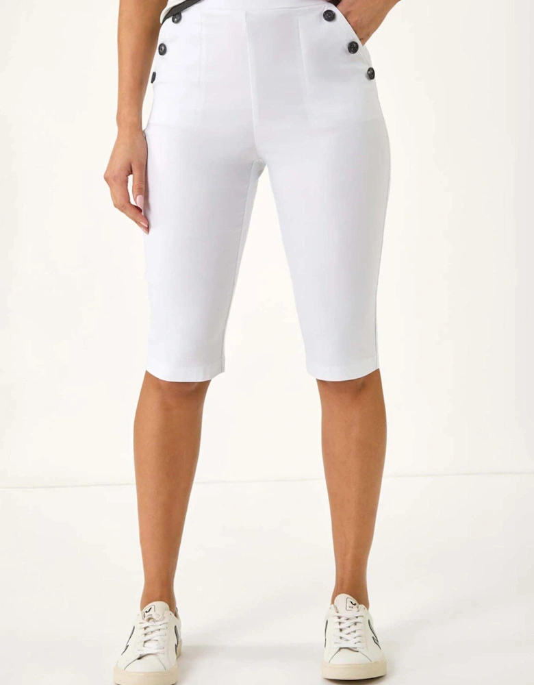Elastic Waist Button Cropped Shorts - White