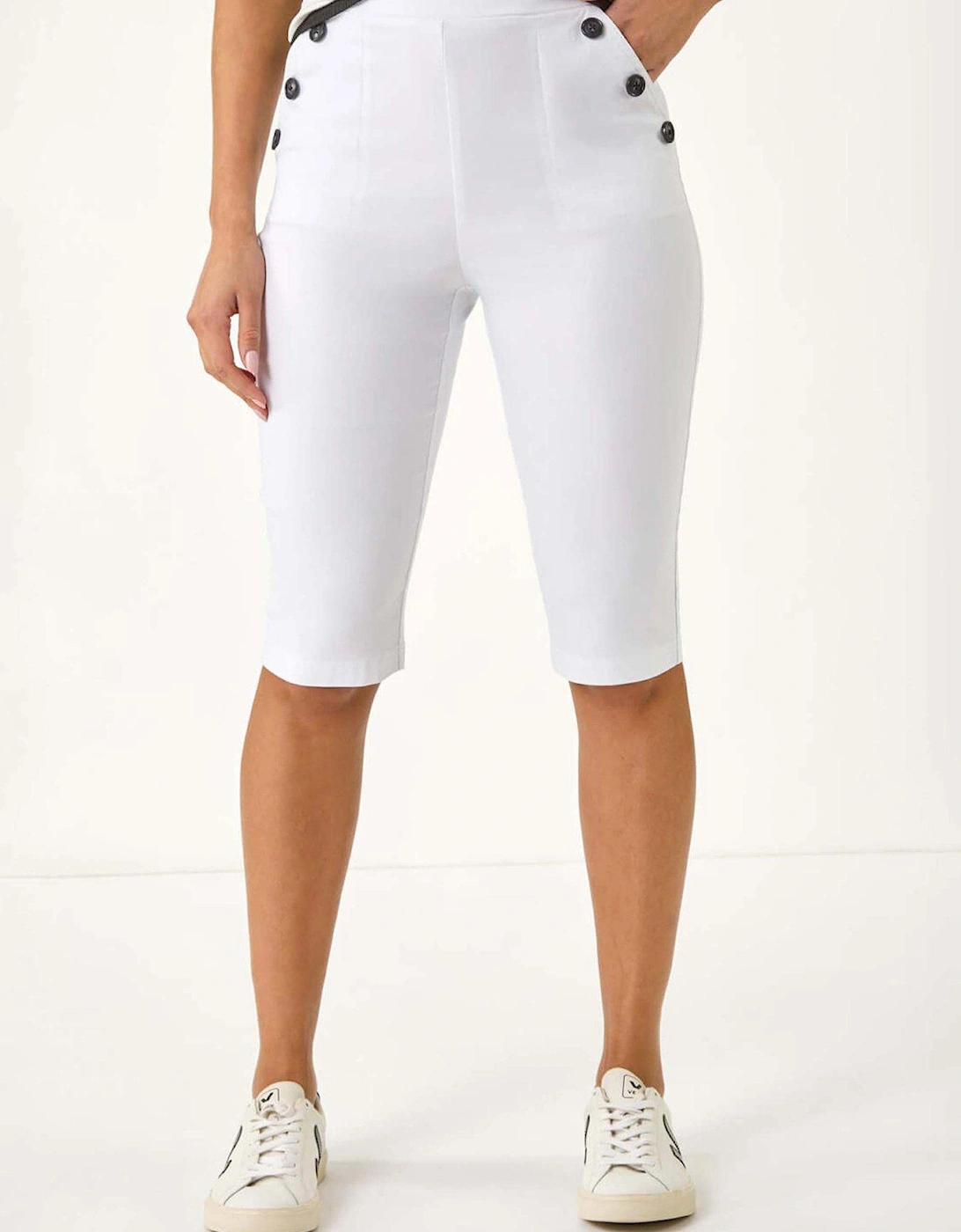 Elastic Waist Button Cropped Shorts - White, 2 of 1