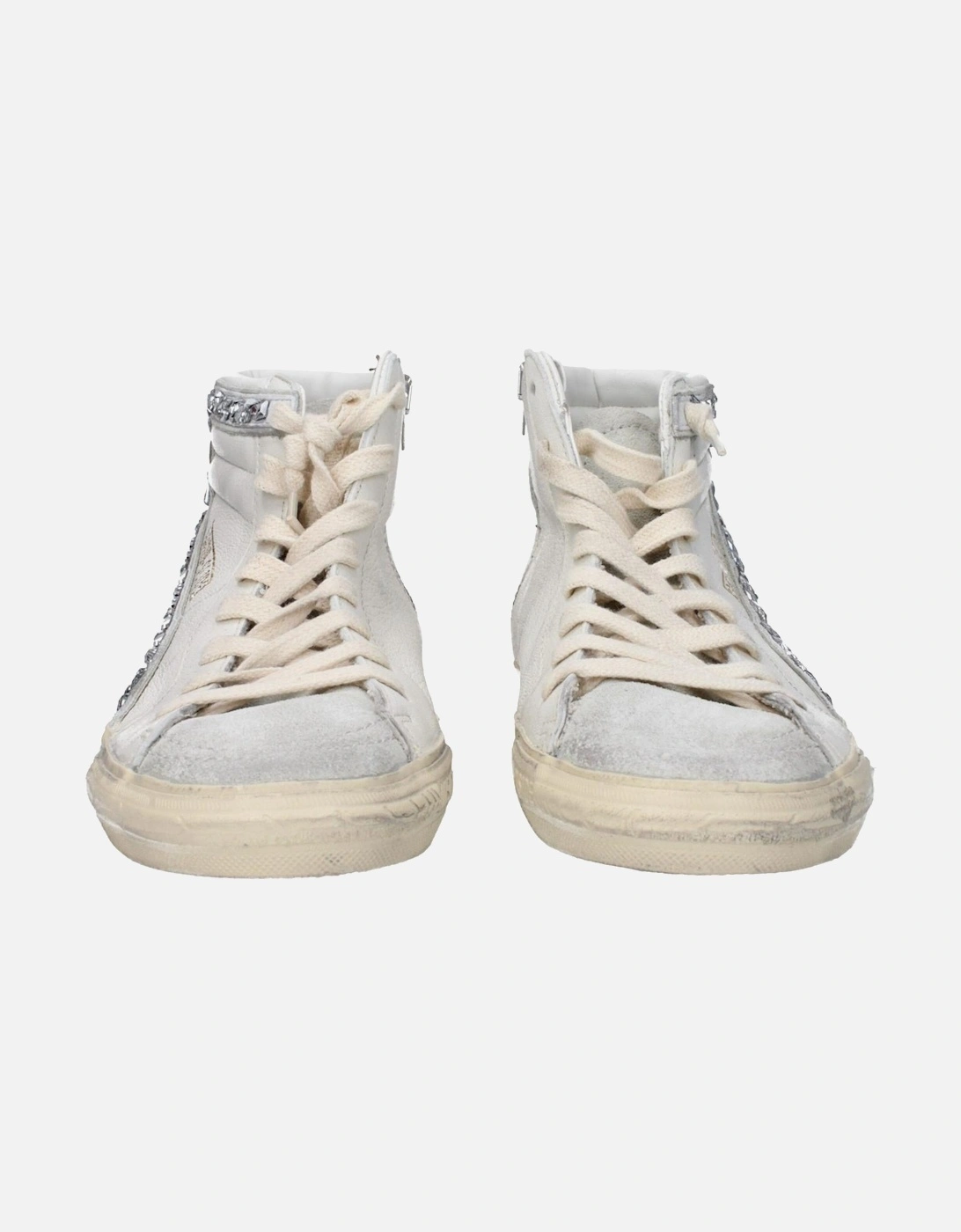 Vintage Effect Leather Sneakers with Lace-up Closure Women - White
